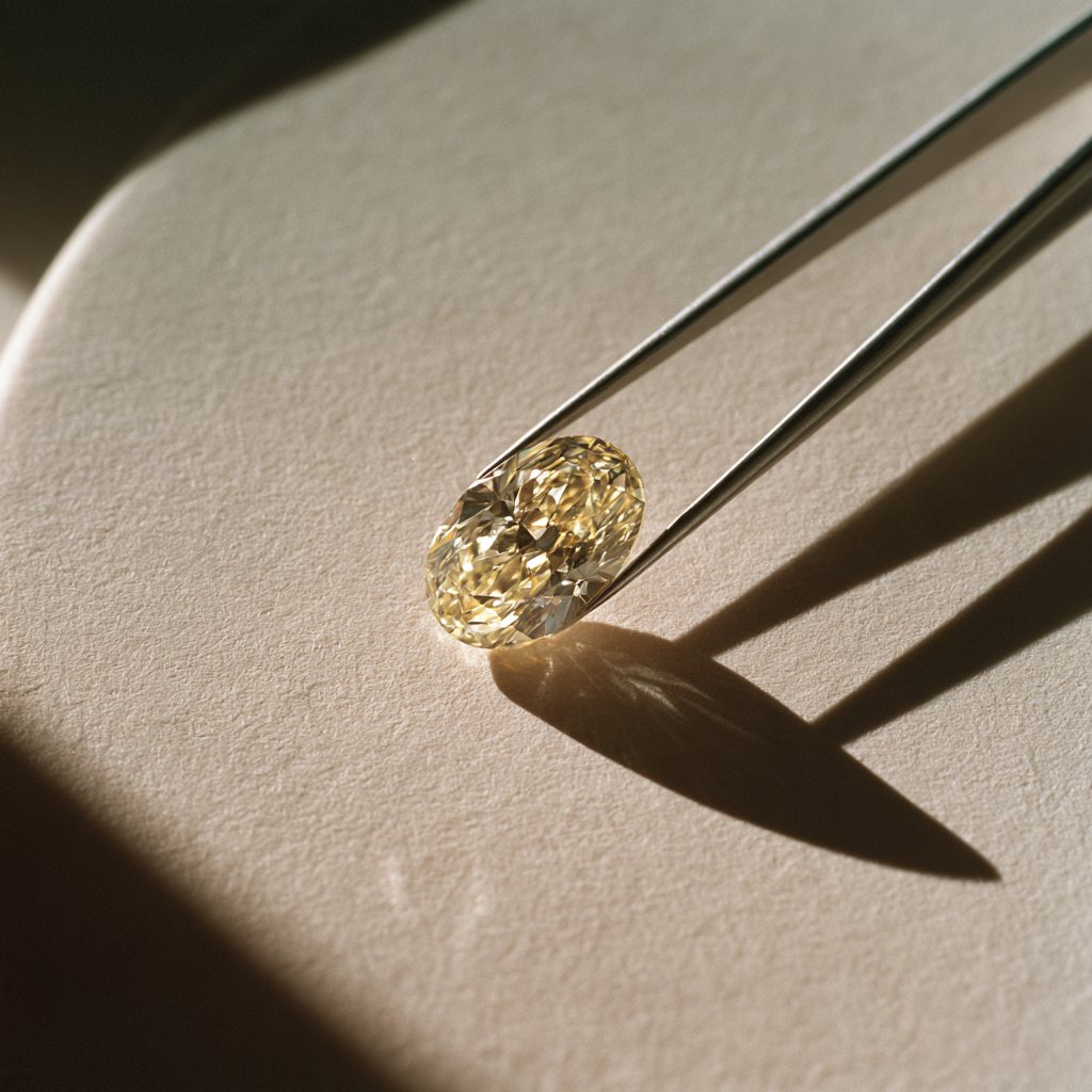 An oval yellow diamond held in fine tweezers, casting a long shadow in the afternoon light